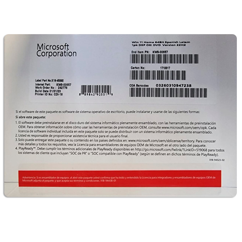 Sistema Operativo Windows 11 HOME 64BIT 1PK DSP OEI